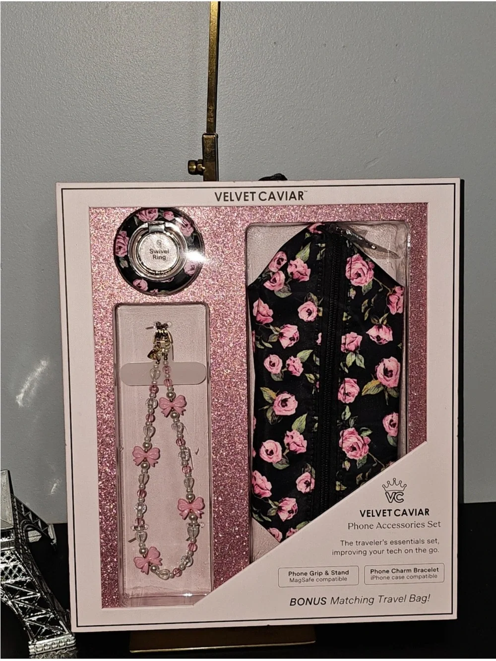 Velvet Caviar Black & Pink Floral Phone Accessories Set NIB